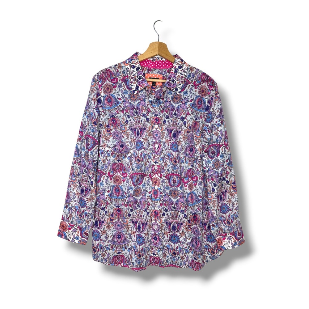 Talbots Plus Women's 1X Magical Floral Cotton Button Down Shirt Polka Dot Cuffs